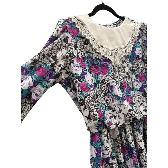 VTG 80s Floral Dress Romantic Cottagecore Lace Collar Waist 3/4 Sleeve Pullover - Picture 3 of 6